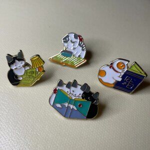 Set of 4 Reading Cat Enamel Pins